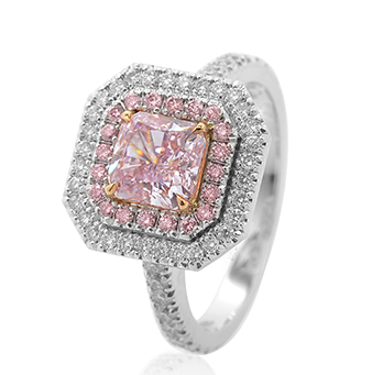 A 2.37 carat Fancy Purplish Pink double halo diamond ring